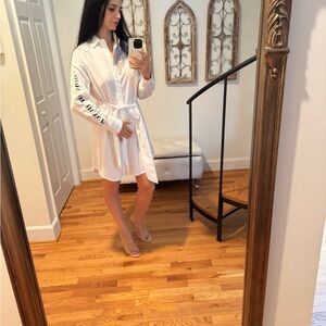 White Shirt Dress with Black Sleeve Script Detail